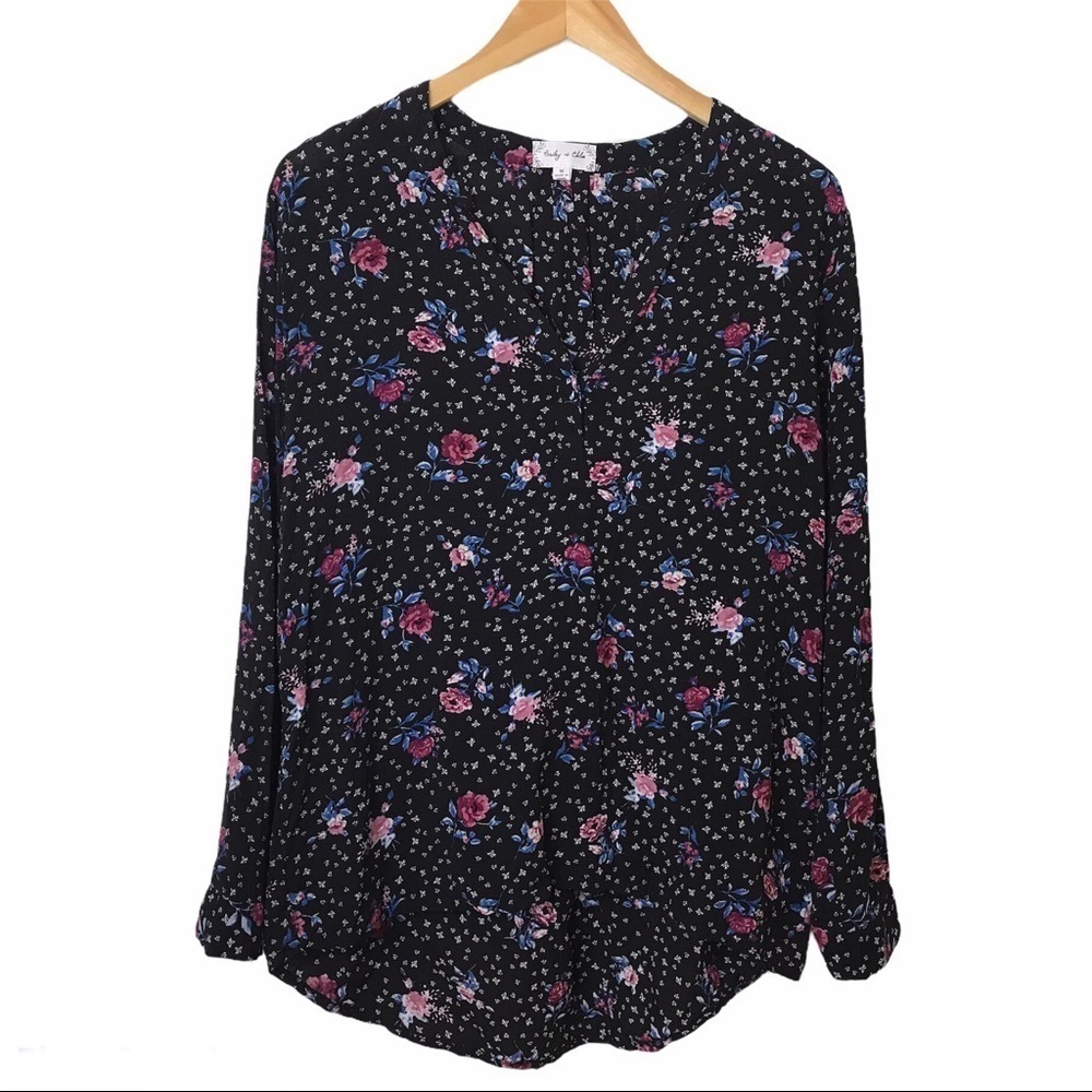Bailey & Chloe Womens Top Sz M Roll Tab Sleeve Hi Lo Black Floral Boho V Neck
